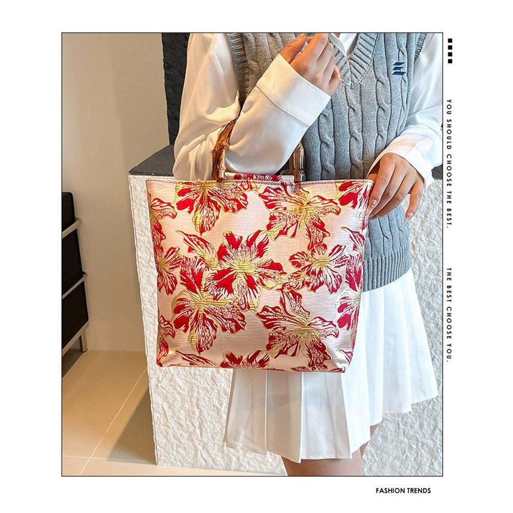 Bamboo Joint Canvas Tote Bag Zipper Closure Embroidered Design Chinese Style Bag Flower Pattern Large Capacity Jacquard Handbag