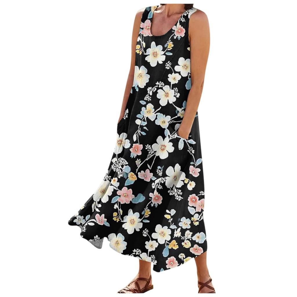 Women's Fashion Summer Casual Sleeveless Floral Printed Small Pocket Dresses