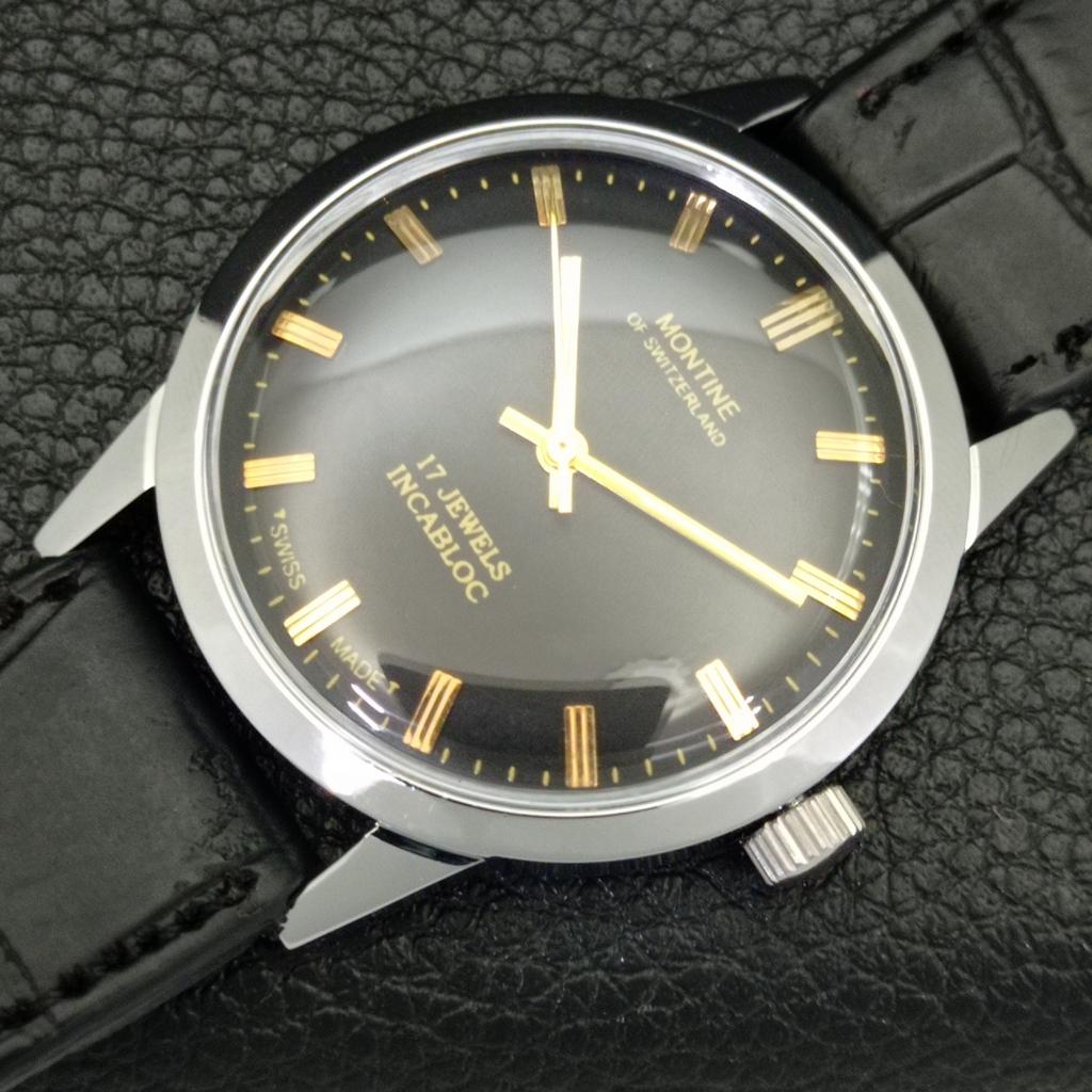 VINTAGE MONTINE rankinio užvedimo ŠVEICARIŠKAS VYRIŠKAS ATNAUJINTAS JUODAS Ciferblatas LAIKRODIS a441063-1