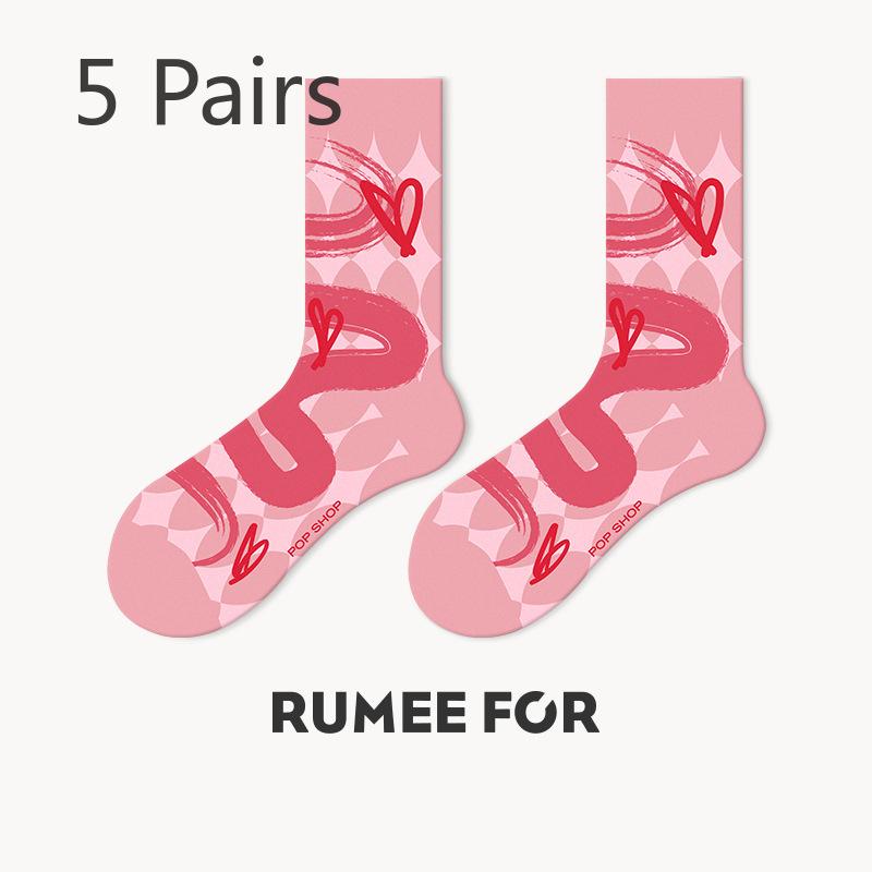 5 Pairs of Female Spring and Summer Sweat Tide Love In The Tube Cotton Socks