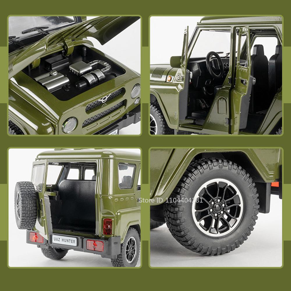 1:18 Russia UAZ Hunter Travelers Alloy Model Diecast Toys Cars Doors Opened Sound Light Pull Back Vehices Gifts Decorative Items