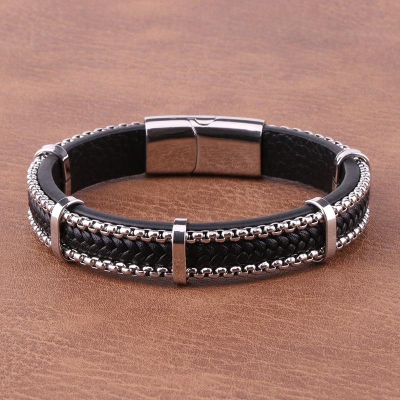 Herren-Armband aus Edelstahl, geflochtenes Lederarmband, modische Punk-Herrenarmbänder