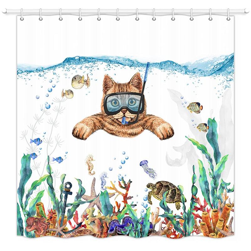 Pirate Cat Riding Shark Shower Curtain Funny Space Galaxy Rainbow Waterproof Fabric Bath Curtain With Hooks For Bathtub Decor