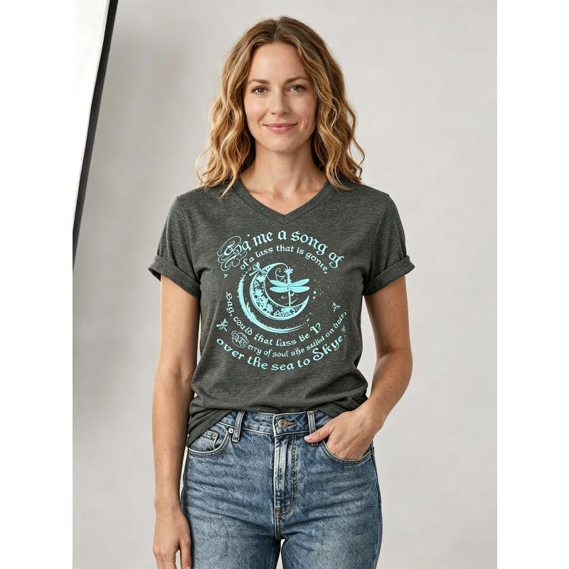 Ilstile Women s Fan Favorite V Neck Tshirt Tv Series Dragonfly Print Casual TShirt Retro Short Sleeve Tee Botanical Graphic Top S