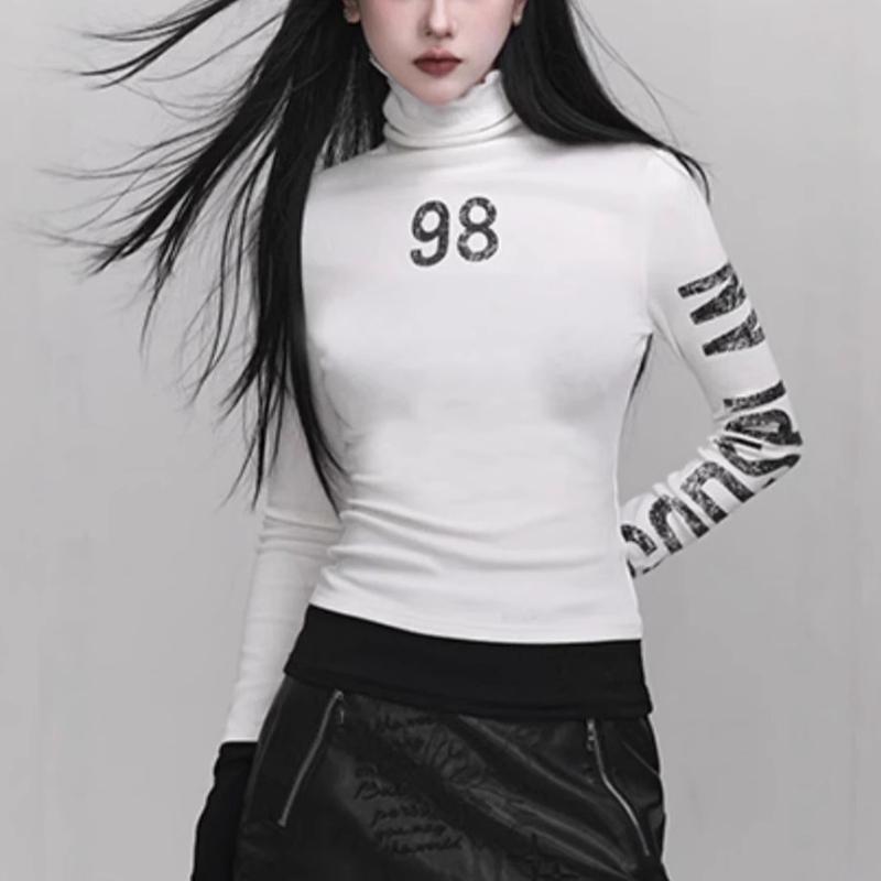 

Y2K Design Street Красивый Высокий Воротник Напечатанный Буквами Горячая Девушка Длинный Рукав Топ L белый