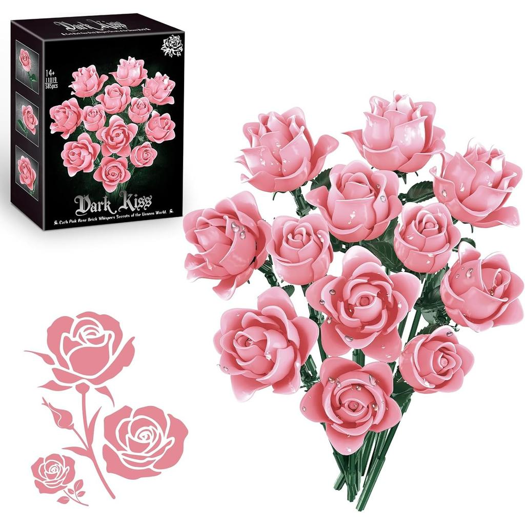 Pink Roses Bouquet Building Set, Artificial Flowers Botanical Collection Blocks Kit DIY Fake Roses for Adults Women Valentines & Mother's Day