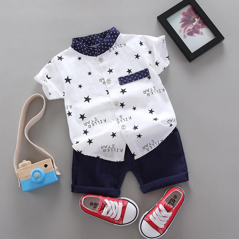 Summer Boy Short-sleeved Star Printed Shirt Children Stand Collar Clothing Set Baby Kids Cotton Suit