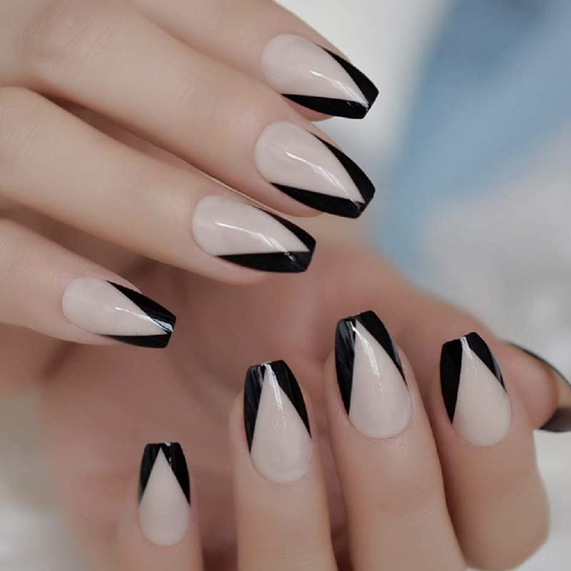 Secret Lives Press On Nails Designer Reusable Artifical Nails Extension Nude Color With Black Edges Fake Nails Design 24 Pieces Set With Kit