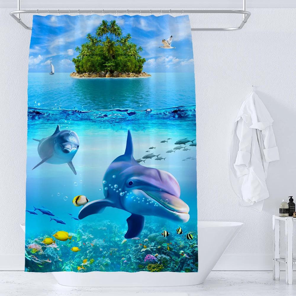 

36x72 дюйма Шторки для душа с дельфинами Подводный мир Морская жизнь Тканевая занавеска для ванной Детский декор для ванной в океанской тематике с крючками W180xH210cm