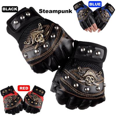 Black PU Leather Rivets Pirate Skull Punk Motorcycle Biker Fingerless Tactical Gloves Steampunk Men's Gloves
