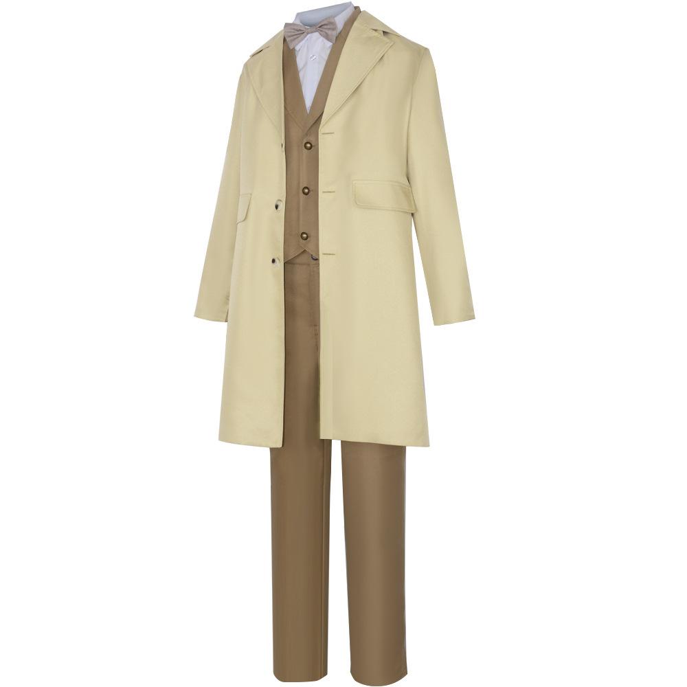 Good Omens Aziraphale Cosplay Costume, Long Beige Coat & Waistcoat Vintage Gentleman Outfit