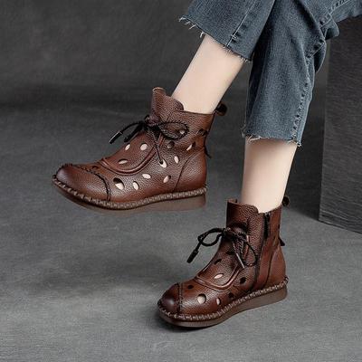Damenschuhe, Sommersandalen, echtes Leder, runde Zehen, Schnürung, handgefertigt, Retro, atmungsaktiv, ausgehöhlte Stiefel