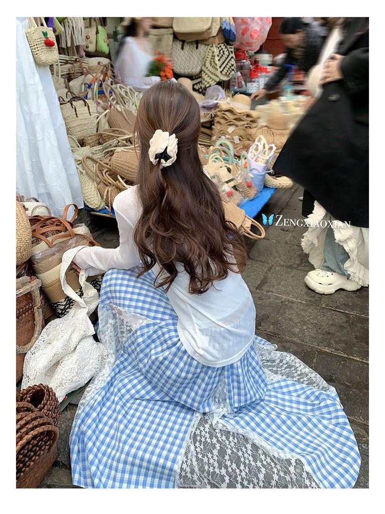 Zeng Xiaoxian Women's Irregular Blue Plaid Lace A-line Long Skirt: Summer 2025 Beachwear.