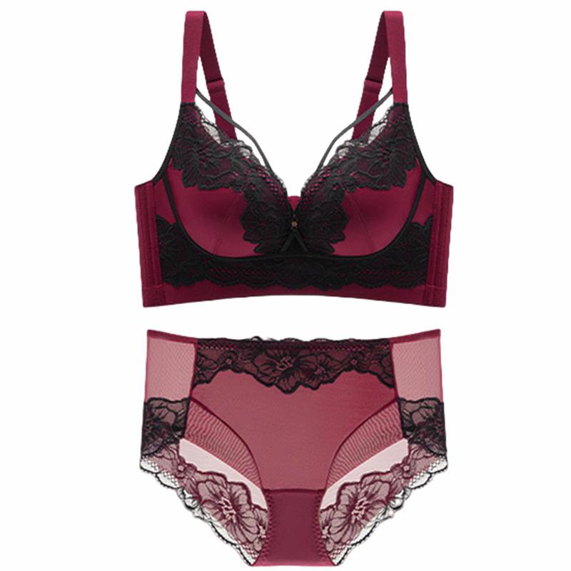 Sexy Kontrasterende Blonder Brystjusterings-BH-sett for Liten Byste Samlet Middelstykke Kopper Sideforhold Brystkontroll