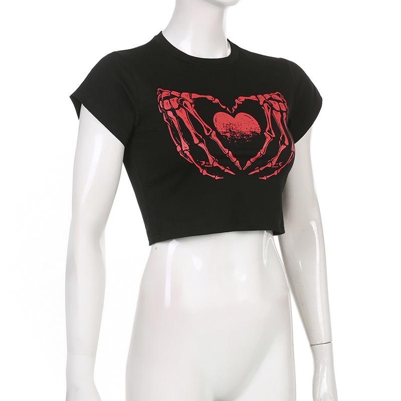 Potisk Harajuku Černé Crop Tops Ženy Léto Punk Goth Tops Hip Hop Vintage Krátký rukáv Streetwear Volné Ležérní Dámské tričko