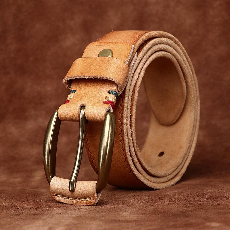 Retro Fashion Trend Versatile Copper Buckle Genuine Leather Belt Men'S First Layer Cowhide Old Pleated Jeans Belt Men'S