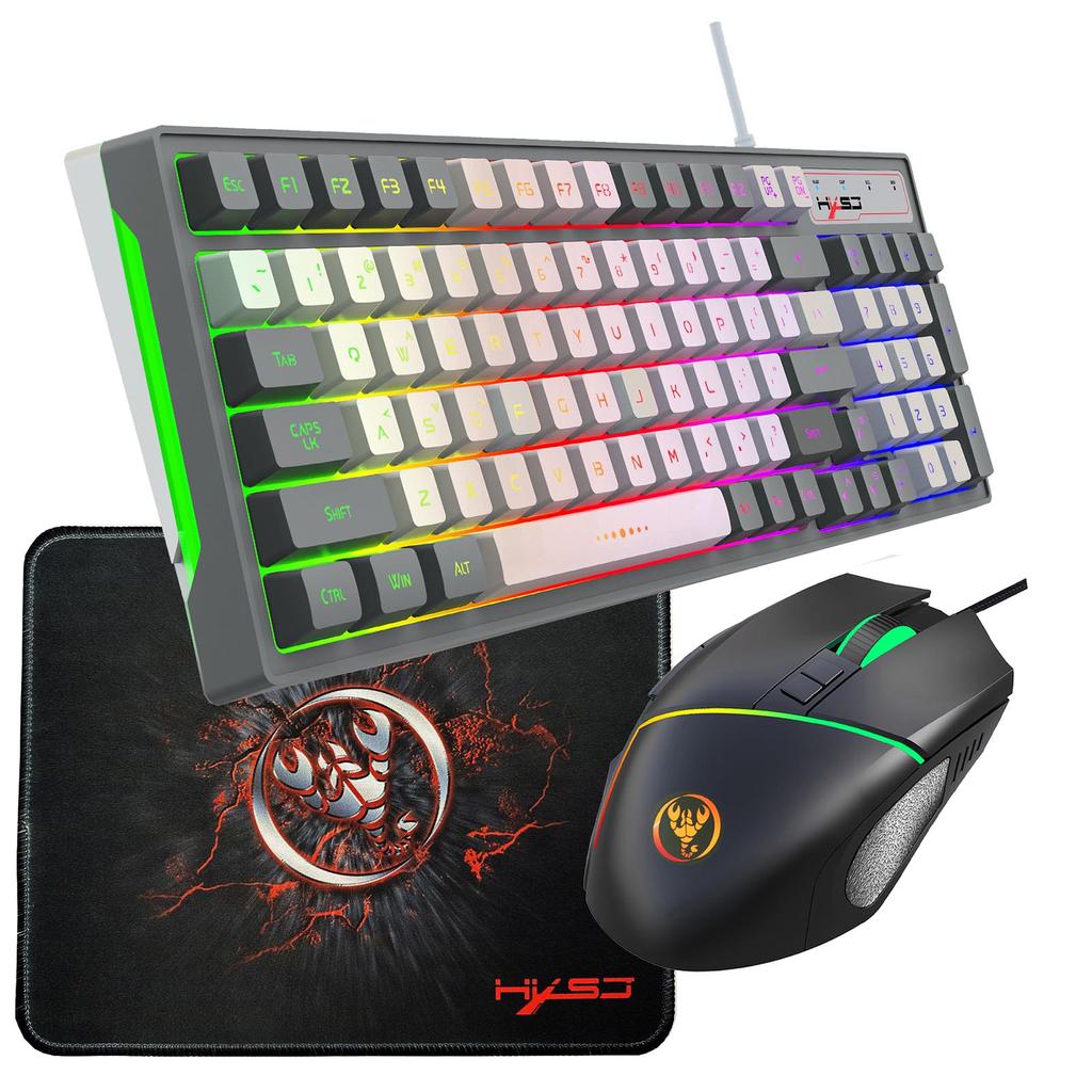 HXSJ Wired Keyboard and Mice Combo with Mice Pad 96 Keys Compact Keyboard with Colorful Lights 4 Adjustable Speeds