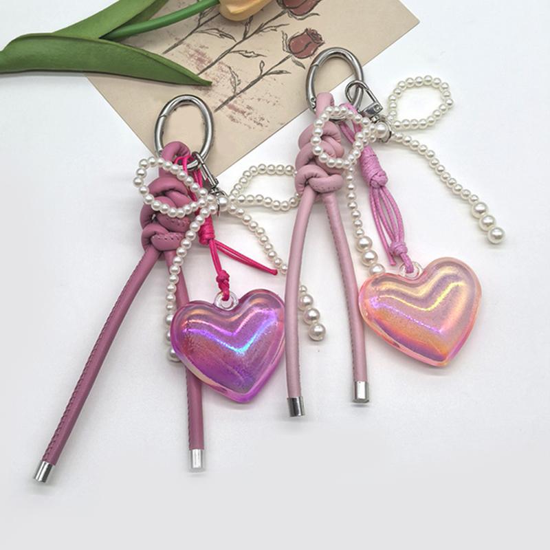 Creative Glossy Leather Pearl Bow Keyring Beads Long Tassel 3D Bowknot Keychain Bag Charms Y2k Bag Purse Decor School