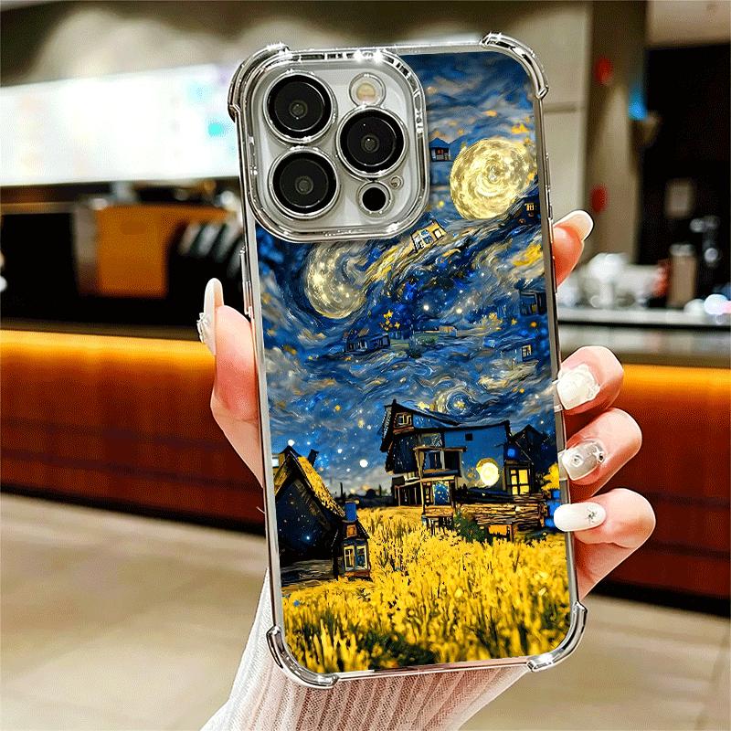 Starry Night Van Gogh Art Soft Phone Case For iPhone 15 16 17 Air 14 Pro Max 16E Plus 13 12 Mini Plating Anti-Fall Fundas