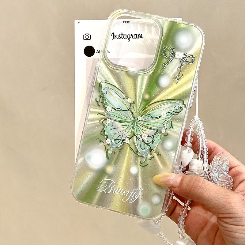 Niche Aurora Summer Green Butterfly Applicable To Apple 15 Women's IPhone 16 Mobile Case 13 Protective Case 14 Feather Yarn