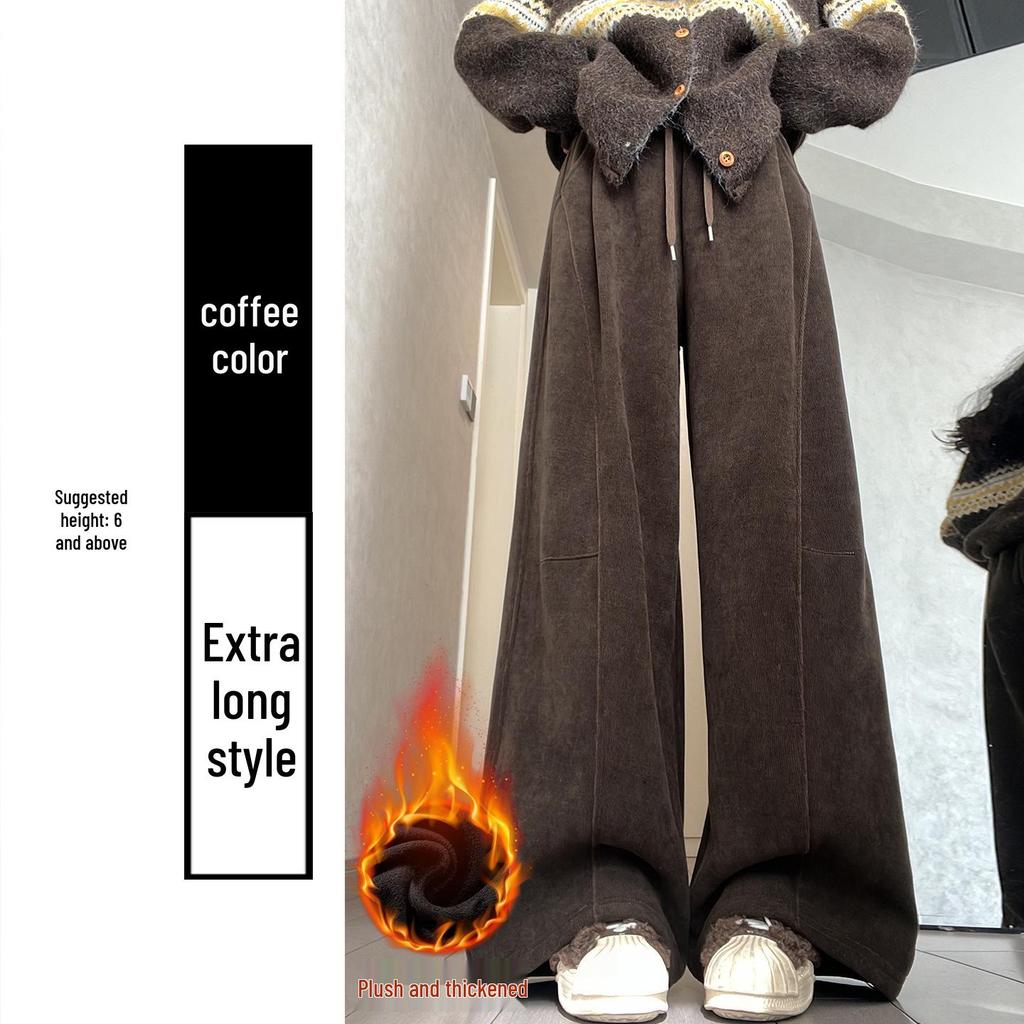Women's High-Waisted Gray Corduroy Wide-Leg Pants - Autumn/Winter Plus Velvet Thickened Long-Leg Sports Sweatpants