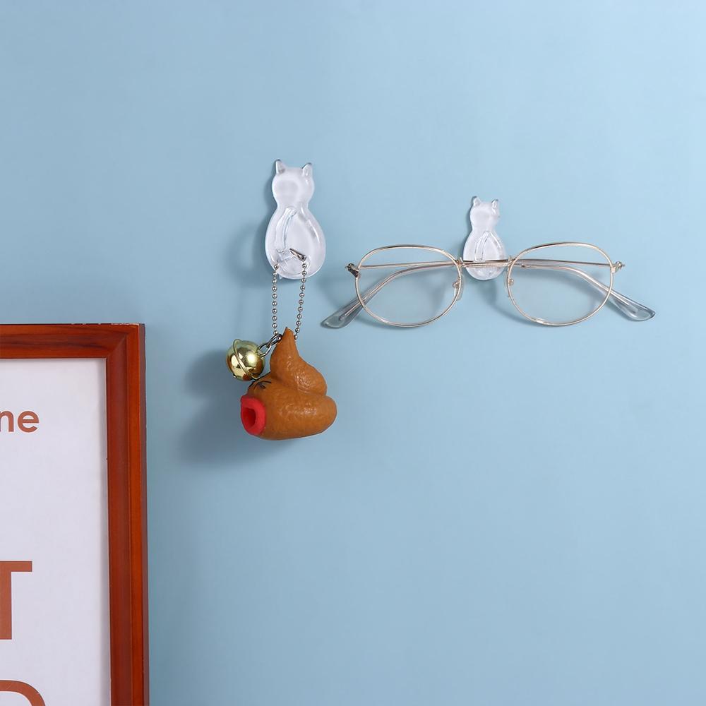 2 Pcs Self-adhesive Cat Hooks Transparent Cat Key Holder Cat Shape Wall Hook  Bathroom