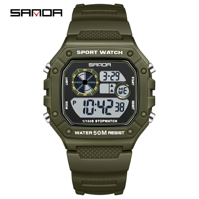 Sanda Стильные маленькие квадратные цифровые спортивные часы - Многофункциональные, Светящиеся, Водонепроницаемые.