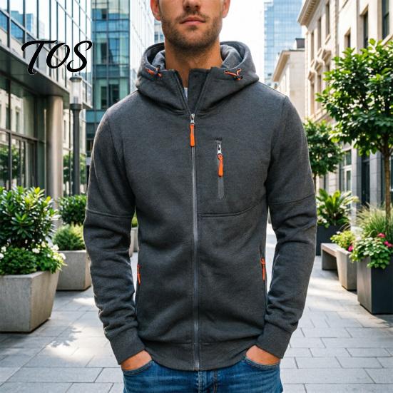 Casual Lightweight Outerwear Men Zip-up Hoodie, Athletic Hooded Jacket, Long Sleeve Sweatshirt Versatile Exercise Sports Jacket with Zippered Pockets