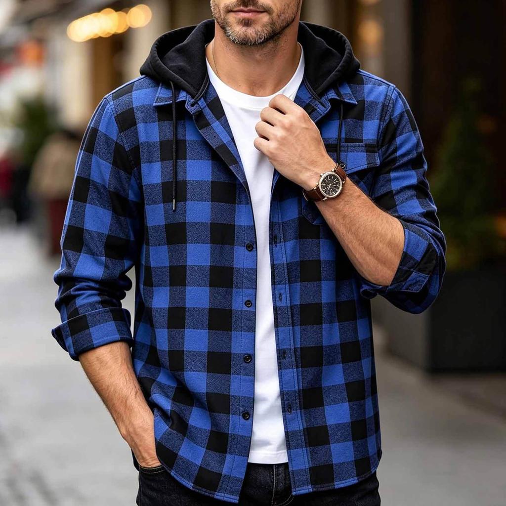 Men's Casual Long Sleeve Plaid Shirt Jacket with Hood and Pockets for Everyday Wear