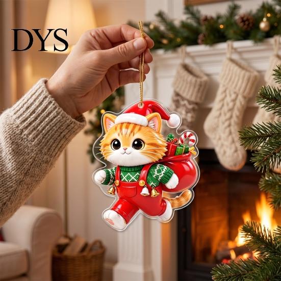 Christmas Tree Pendant Cat with Hanging Rope, 2D Flat Acrylic Ornament for Xmas Holiday Home Decor Decoration, Cute Decor, Party Supplies Car