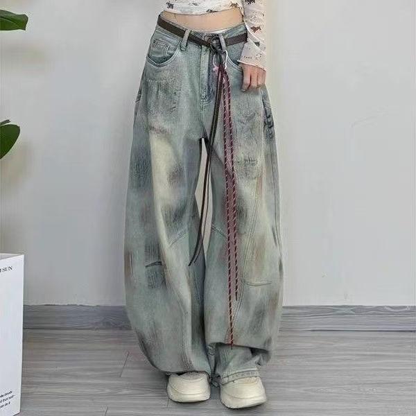 

Petite 145 Tie-Dye Wide-Leg Jeans - Autumn Loose-fit, Straight-leg Floor-length Pants for Women Medium