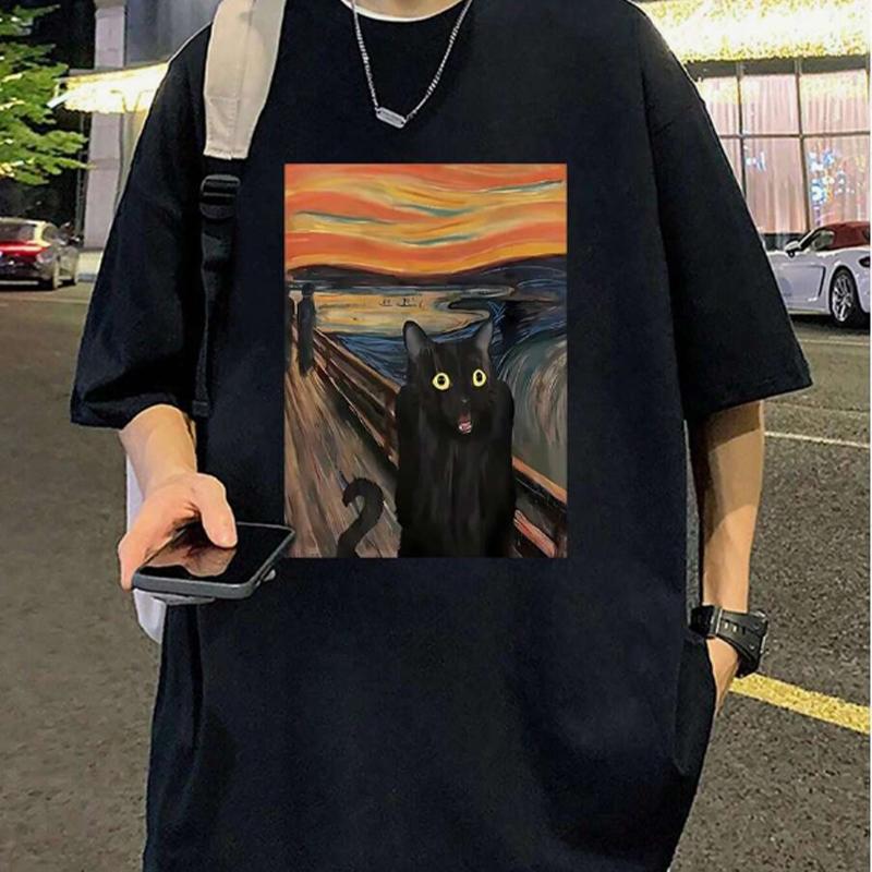 New Summer Men's Fashion T-shirt Oil Painting Cat Printed Men's T-shirt Top