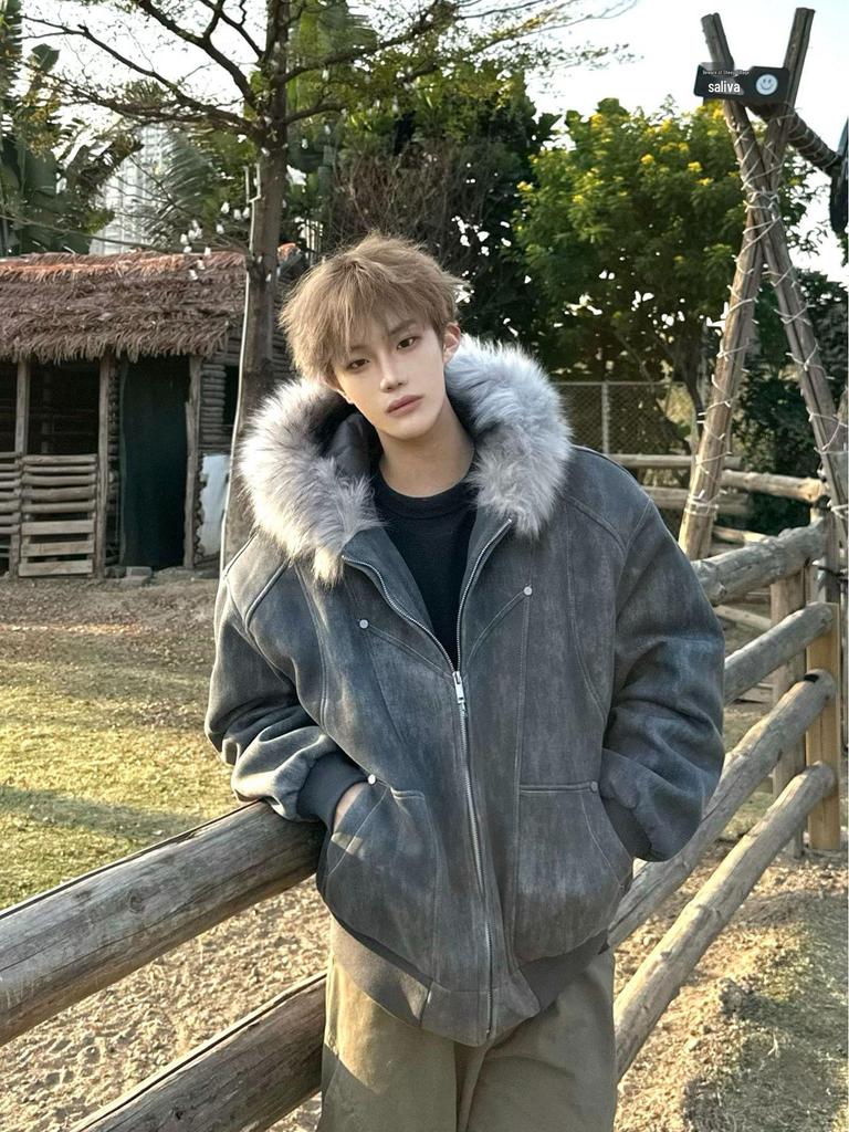 Unisex American Design Ink-Dyed Hooded Jacket with Fur Collar and Cotton Padding for 2025 Autumn/Winter.