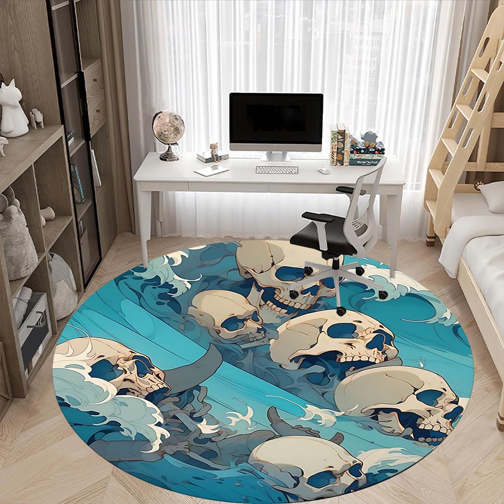 1PC Skulls Ocean Office Round Area Rug, Indoor Mat Suitable For Office, Under Office Chairs Bedroom Living Room Home Decor, Room Deco 036