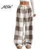 Loose Fit Casual Pants Women Plaid Wide Leg Pants, Drawstring High Waist Thick Coral Fleece Breathable Thermal Lounge Trousers Warm Loungewear,