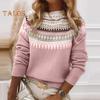 Damen Pullover Rundhals Langarm Häkelstrickpullover Geometrisches Muster Patchwork Farbe Stricktop