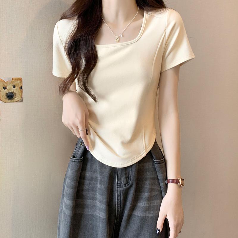 Square Collar Short-sleeved T-shirt Women's Summer New Design Sense Thin Irregular Solid Color Fishbone Short Top