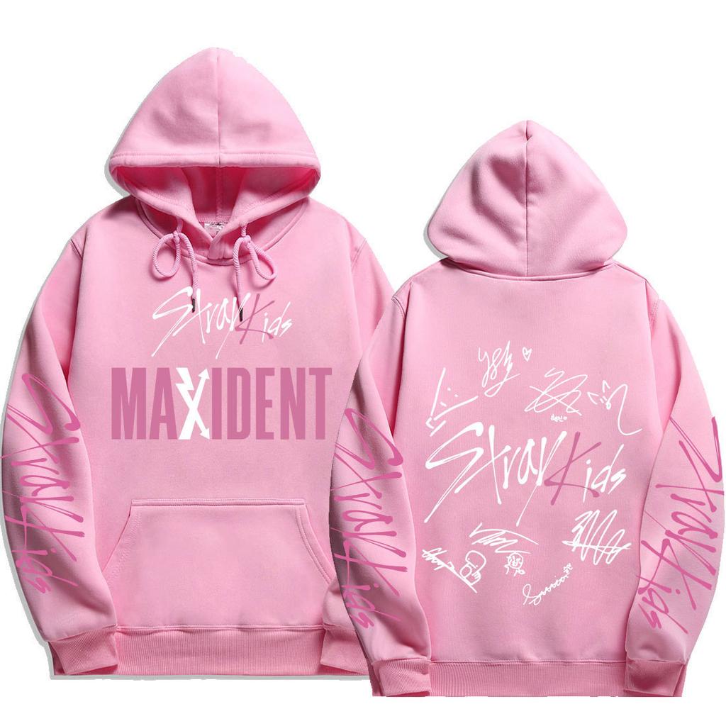 Sweat à capuche signature Stray Kids MAXIDENT Imprimés scriptés Stray Kids et au dos Stray Kids avec les signatures des 8 membres, Pullovers surdimensionnés pour fans de K-Pop