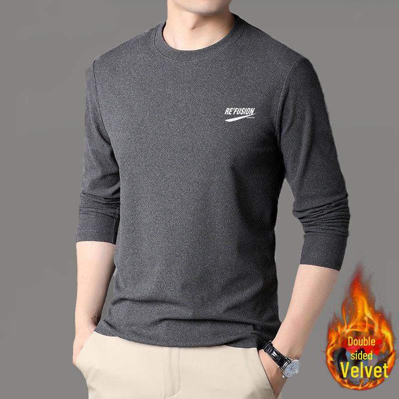 Double-Sided German Velvet Long-Sleeve T-Shirt - Autumn & Winter Style with Printed Solid Color Design