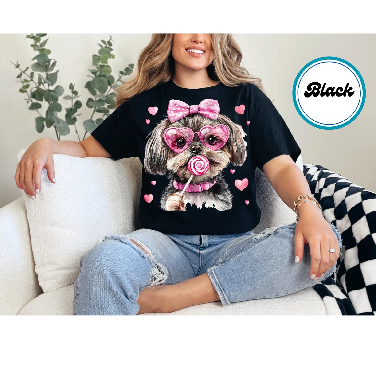 Women s Valentines Day Shih Tzu Dog Shirt Cute Valentines Dog Heart Graphic Tee M