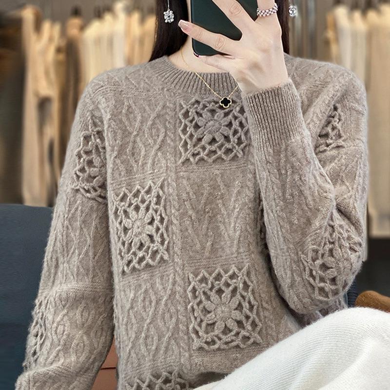 Solid Color Round Neck Jacquard Wool Sweater - Long Sleeve, Casual, Versatile, 100% Pure Wool Pullover