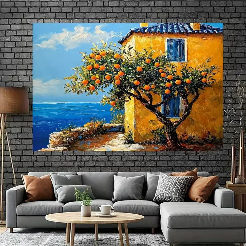 2D Vibrant Mediterranean Scenery Backdrop Orange Tree Yellow House & Sea Studio Background