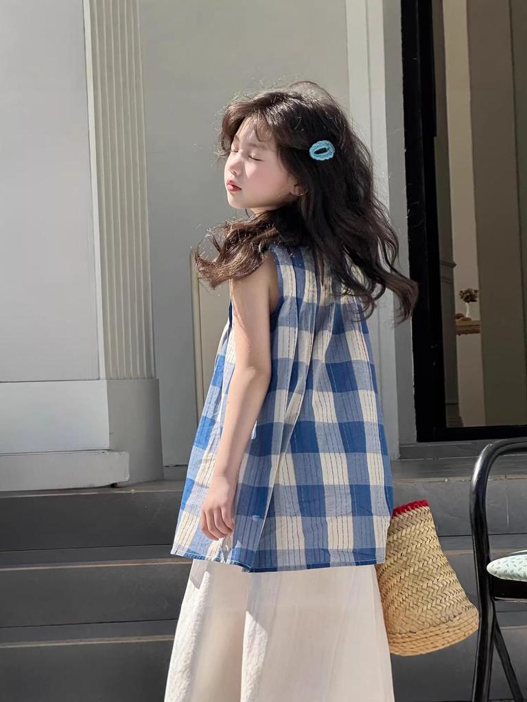 Stylish Plaid Stripe Vest & Lace Hem Top Two-Piece Set for Girls - Summer 2026 Collection