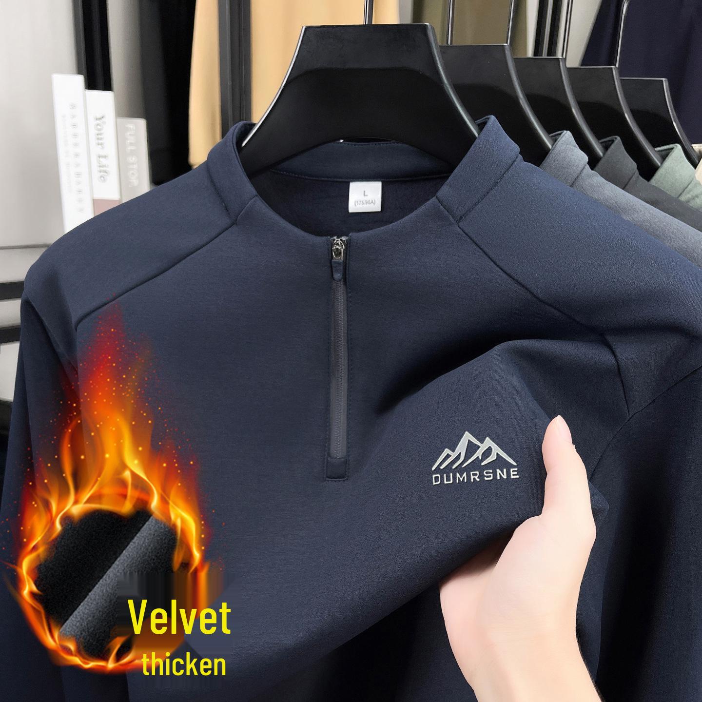 

Men s Autumn/Winter Zipper Print Hoodie - Velvet Lined, Casual Fashion Long Sleeve Warm Top XXL темно-блакитний колір