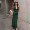 Women's Halter Neck Deep V Neck Top with Tie Detail and Long Skirt Set Casual Two Piece Outfit Summer Beachwear