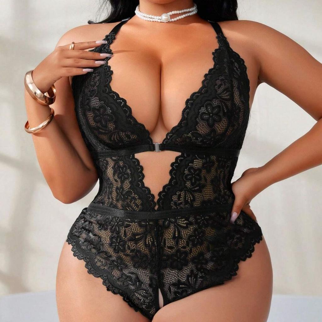 European and American Large-size Erotic Underwear Set, Mesh Suspender, Lace Transparent Onesie, Leg Ring Erotic Two-piece Set