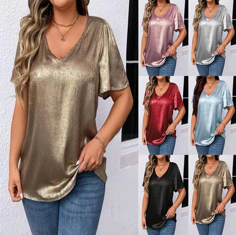 T-shirt Manches Courtes Uni Col en V Coupe Ample pour Femme Printemps/Été 2026