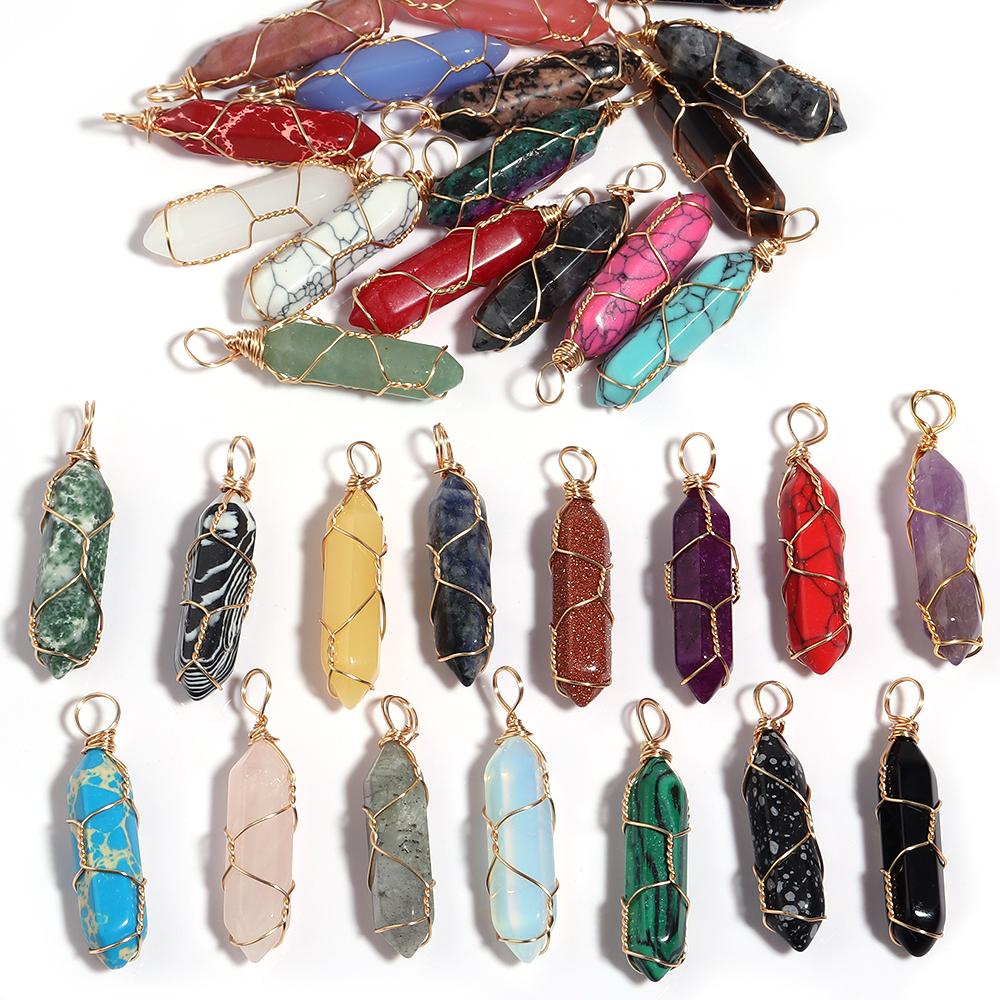 1 Pc Natural Stone Charms 40mm Color Bullet Shaped Handmade Gold Wire Pendants for DIY Necklace Gifts Jewelry Making Accessories