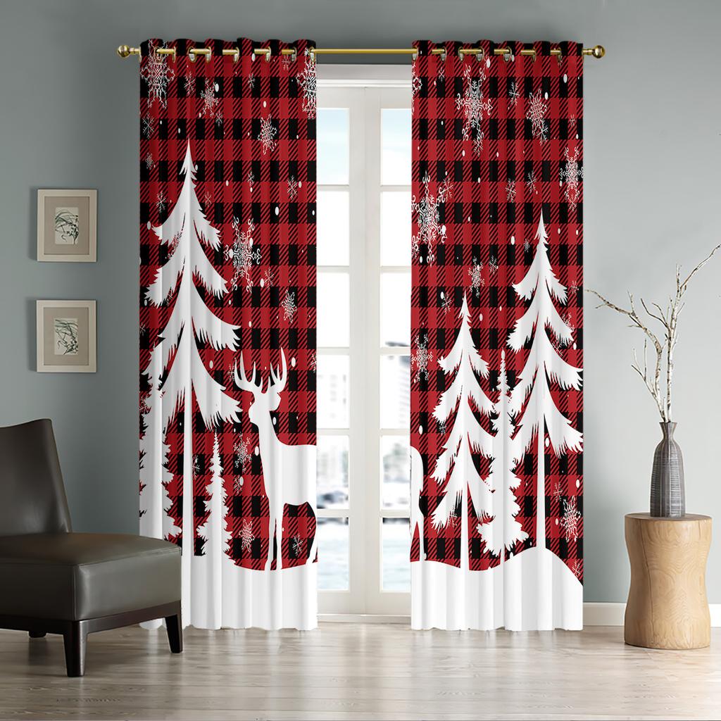 Blackout Christmas Reindeer Print Perforated Curtains Multiple Size Bedroom Insulation Holiday Decoration Easy Installation Curtain Set Of 2 Made