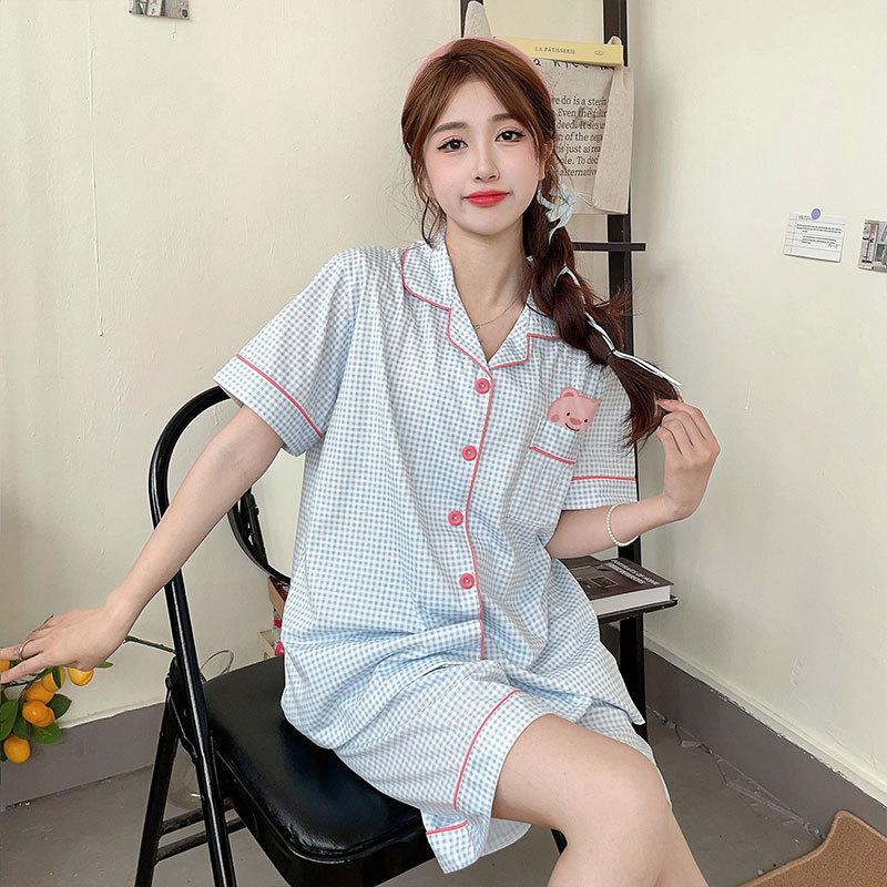 Can Wear Pajamas Women's Summer Cute Cartoon Bear Cotton Short-sleeved Cardigan Loungewear Women's Suit
